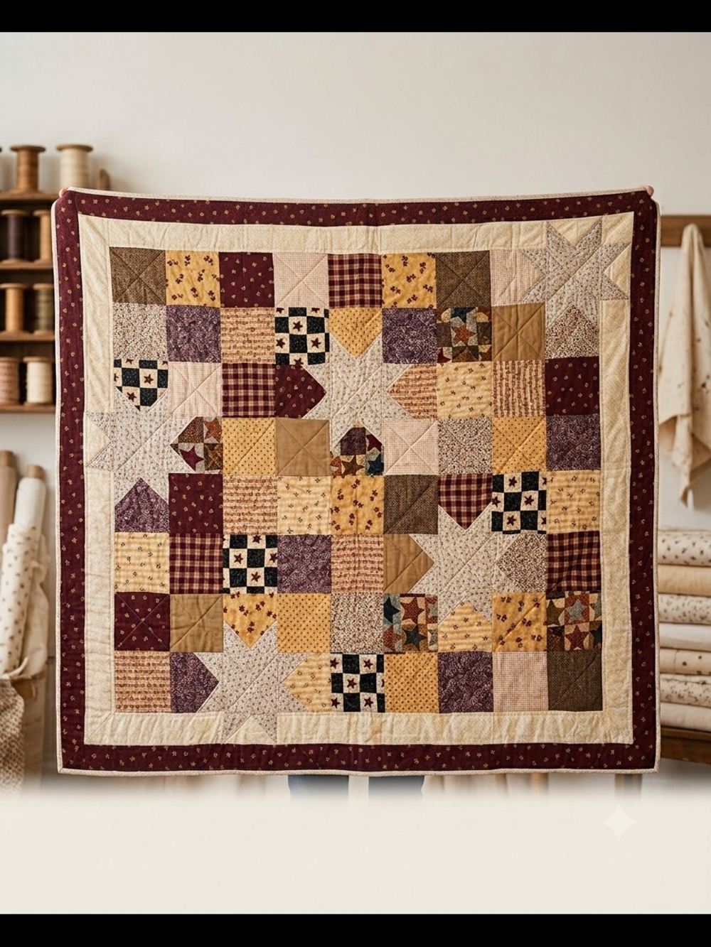 Vintage Cottagecore Primitive Patchwork Star Quilt | Cozy Country Throw
